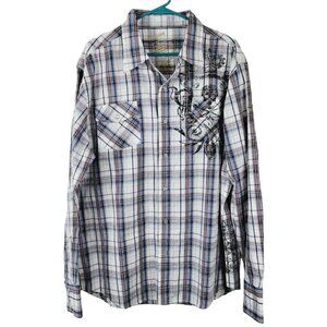 Machine Custom Co Sz XL Men's Plaid Snap Button Down Shirt Skull & Cross Bones